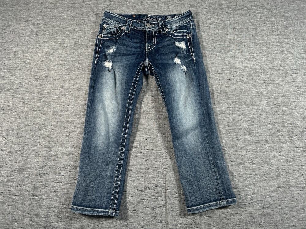 Miss Me Signature Cuffed Capri Jeans Womens 26x21.5 Blue Distressed Rhinestones